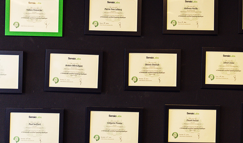 Wall of diploma from Symfony-certified developers
