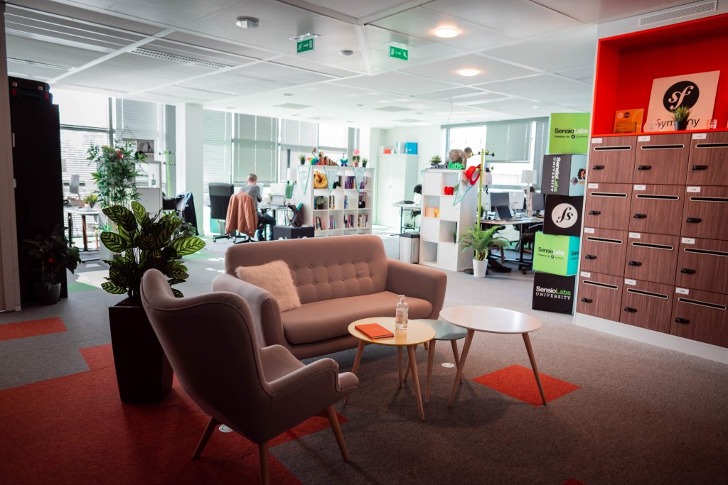 The offices of SensioLabs in Asnieres with a sofa and a coffee table in the foreground